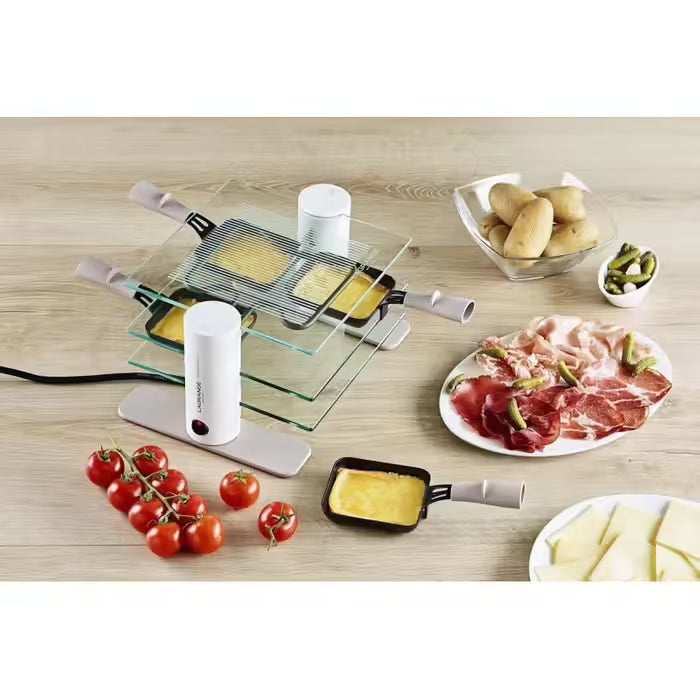 Appareil à raclette Lagrange Transparence Minéral 4 pers – 600 W, plateaux verre & maintien au chaud