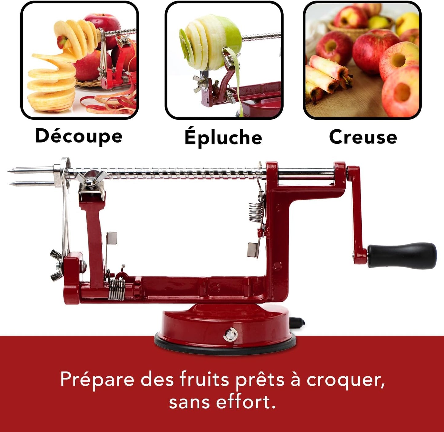 Pèle‑pomme Baumalu inox à ventouse – Épluche‑évide‑coupe fruits en un geste